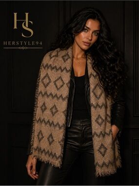 Aritzia Beige and Brown Geometric Fringe Scarf Wrap